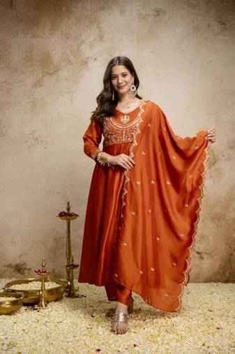  Vichitra Silk Embroidery Work Flared Shape Anarkali Pant and Dupatta Set