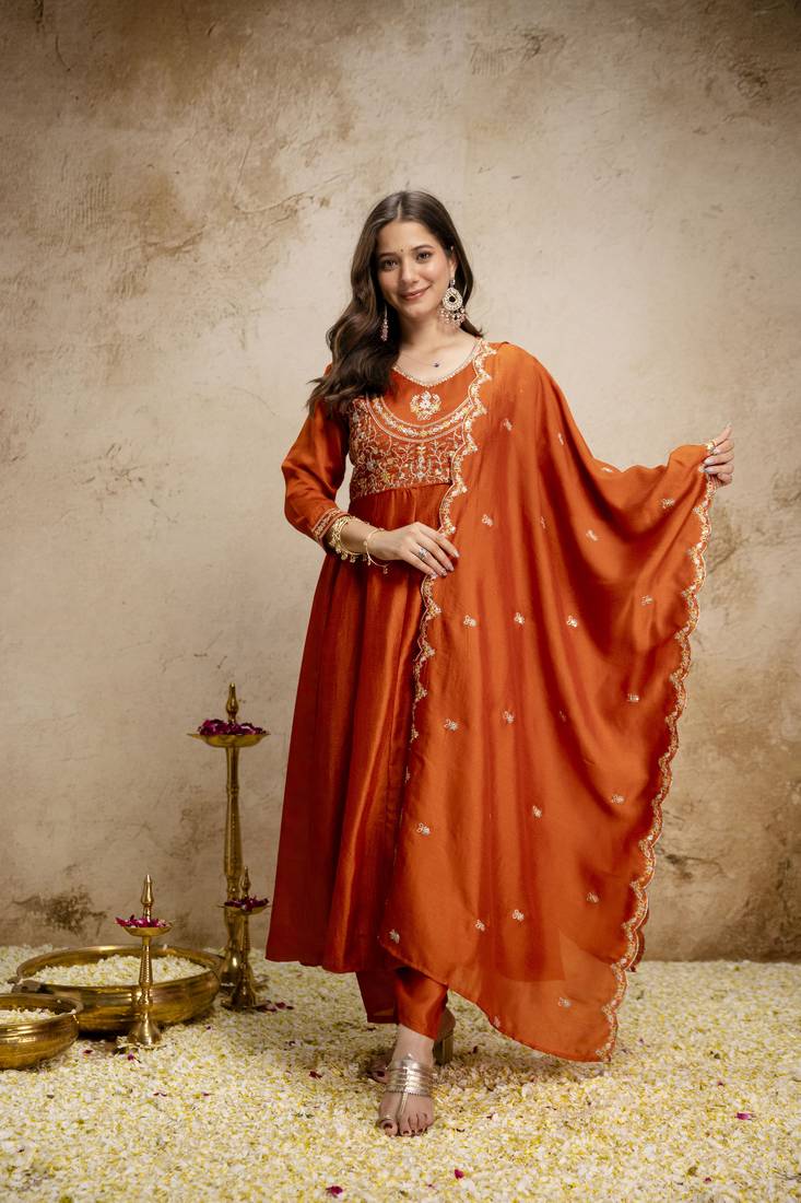  Vichitra Silk Embroidery Work Flared Shape Anarkali Pant and Dupatta Set