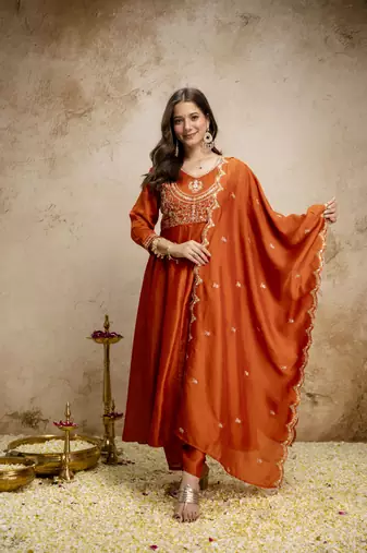  Vichitra Silk Embroidery Work Flared Shape Anarkali Pant and Dupatta Set