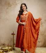  Vichitra Silk Embroidery Work Flared Shape Anarkali Pant and Dupatta Set