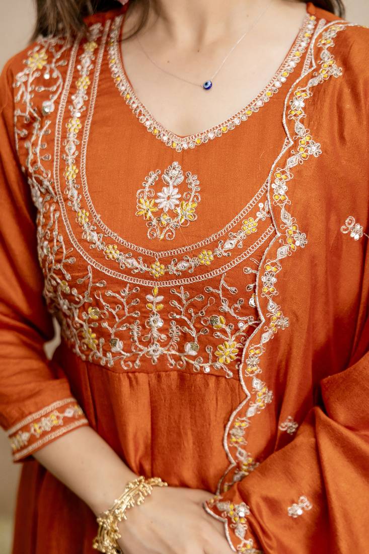  Vichitra Silk Embroidery Work Flared Shape Anarkali Pant and Dupatta Set