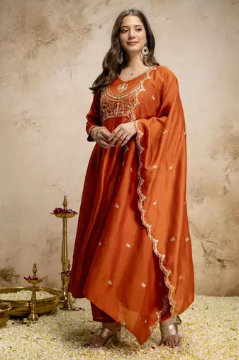  Vichitra Silk Embroidery Work Flared Shape Anarkali Pant and Dupatta Set