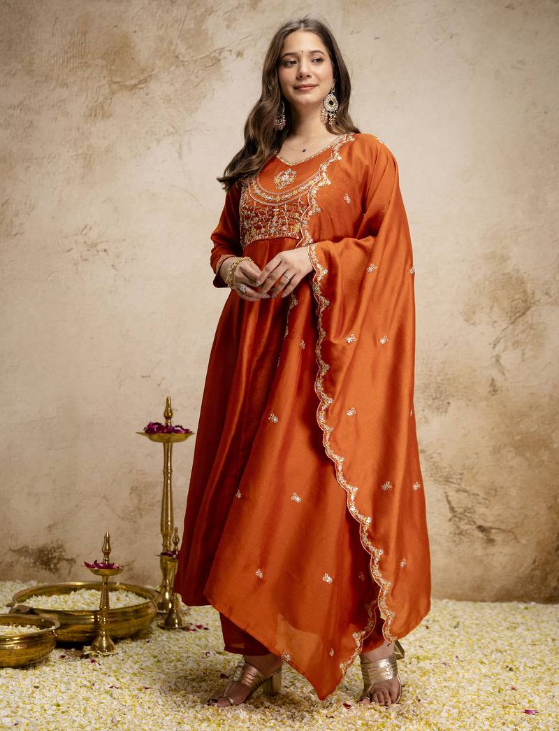  Vichitra Silk Embroidery Work Flared Shape Anarkali Pant and Dupatta Set