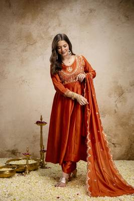  Vichitra Silk Embroidery Work Flared Shape Anarkali Pant and Dupatta Set 5