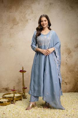  Vichitra Silk Embroidery Work Flared Shape Anarkali Pant and Dupatta Set 1