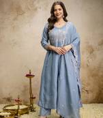 Vichitra Silk Embroidery Work Flared Shape Anarkali Pant and Dupatta Set