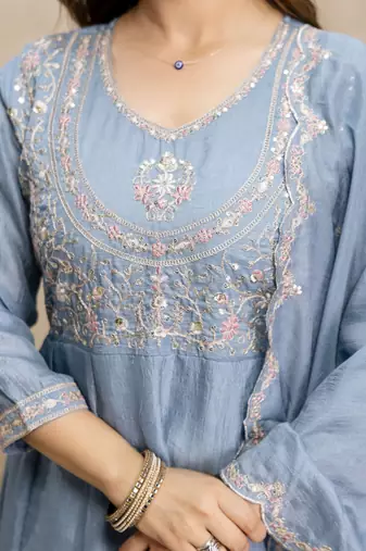  Vichitra Silk Embroidery Work Flared Shape Anarkali Pant and Dupatta Set