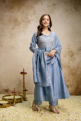  Vichitra Silk Embroidery Work Flared Shape Anarkali Pant and Dupatta Set 3