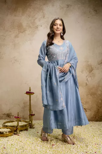  Vichitra Silk Embroidery Work Flared Shape Anarkali Pant and Dupatta Set