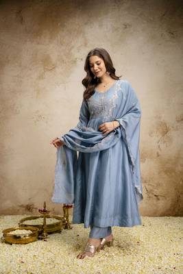  Vichitra Silk Embroidery Work Flared Shape Anarkali Pant and Dupatta Set 5