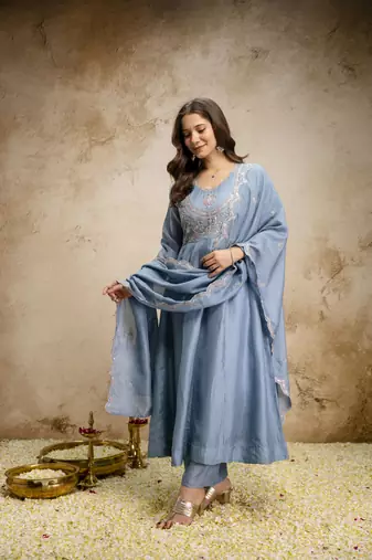  Vichitra Silk Embroidery Work Flared Shape Anarkali Pant and Dupatta Set