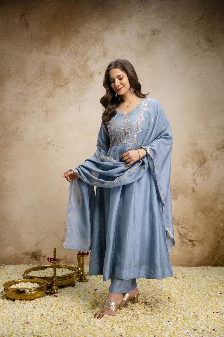  Vichitra Silk Embroidery Work Flared Shape Anarkali Pant and Dupatta Set