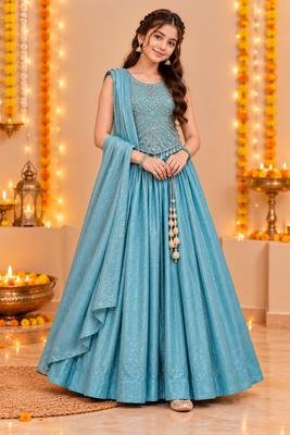 Aqua Blue Embroidered Art Silk Lehenga Choli with Dupatta 1
