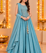 Aqua Blue Embroidered Art Silk Lehenga Choli with Dupatta