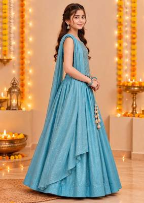 Aqua Blue Embroidered Art Silk Lehenga Choli with Dupatta 2