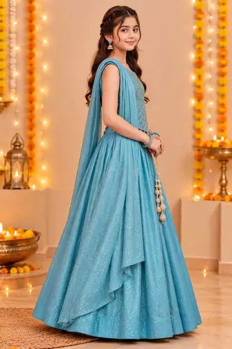Aqua Blue Embroidered Art Silk Lehenga Choli with Dupatta
