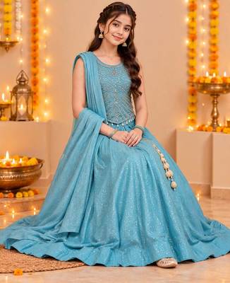 Aqua Blue Embroidered Art Silk Lehenga Choli with Dupatta 3