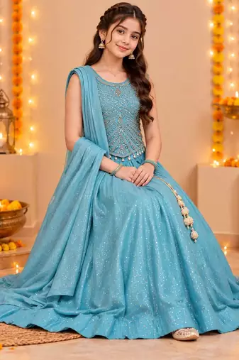 Aqua Blue Embroidered Art Silk Lehenga Choli with Dupatta