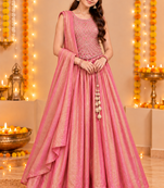 Coral Pink Embroidered Art Silk Lehenga Choli with Dupatta