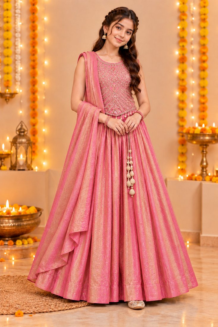 Coral Pink Embroidered Art Silk Lehenga Choli with Dupatta