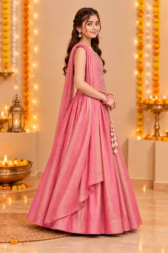 Coral Pink Embroidered Art Silk Lehenga Choli with Dupatta