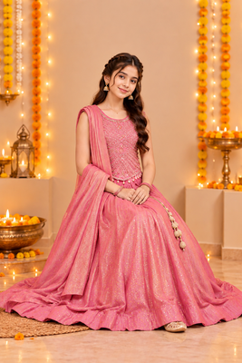 Coral Pink Embroidered Art Silk Lehenga Choli with Dupatta 3