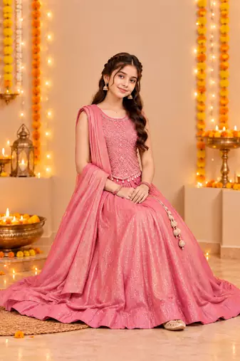 Coral Pink Embroidered Art Silk Lehenga Choli with Dupatta