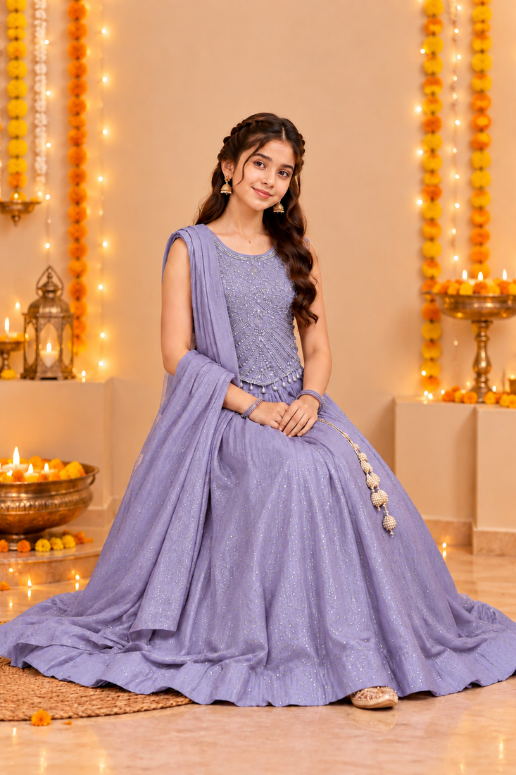 Lavender Embroidered Art Silk Lehenga Choli with Dupatta