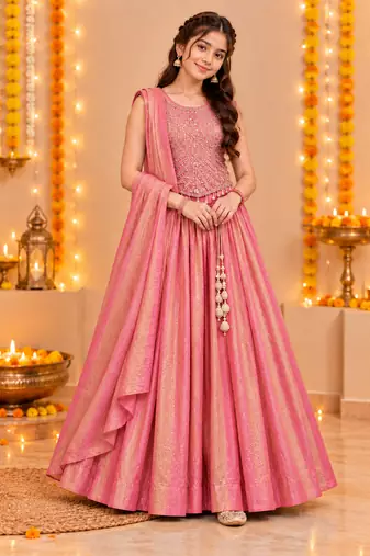 Coral Pink Embroidered Art Silk Lehenga Choli with Dupatta