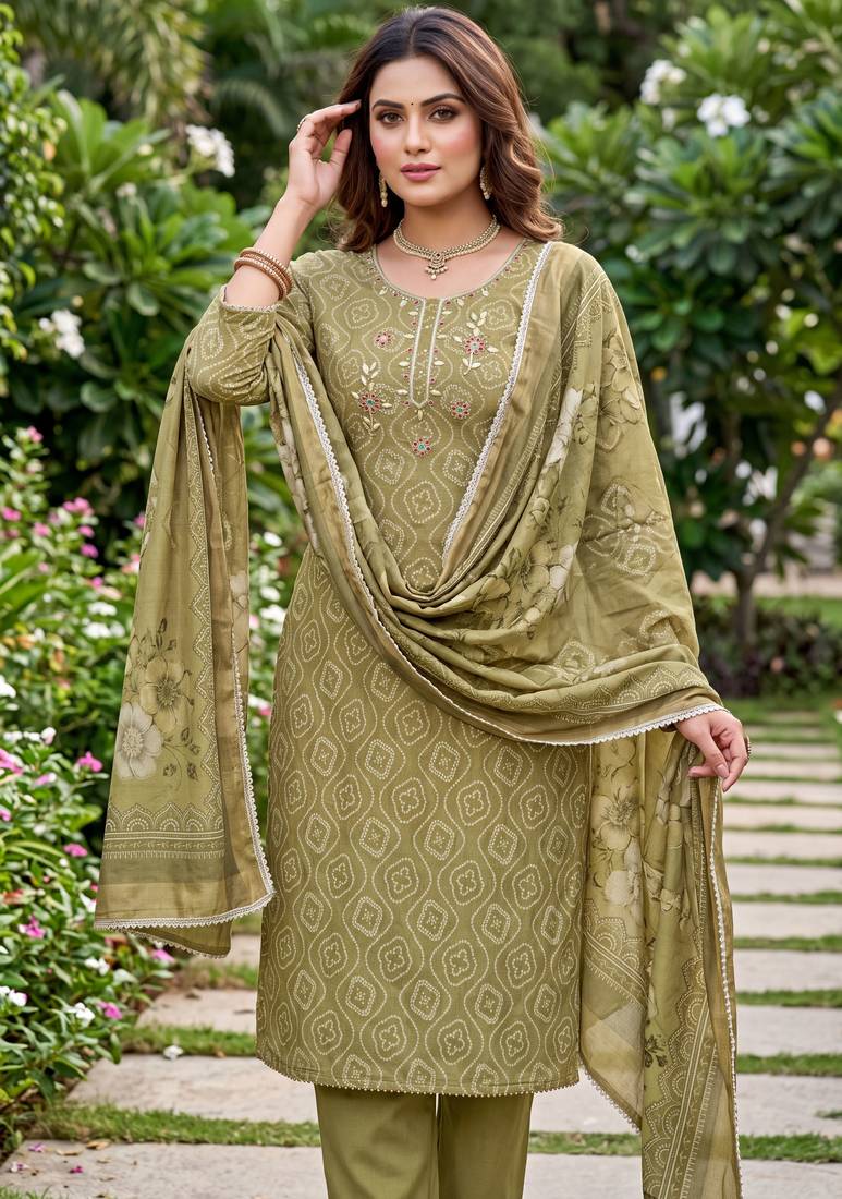 green color shimmer cotton linen fabric designer ethnic ceremonial suit for ethnic looks