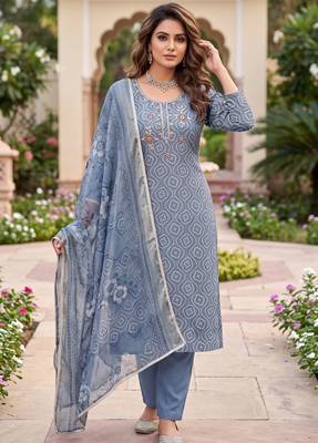 blue color shimmer cotton linen fabric designer ethnic ceremonial suit for ethnic looks 1