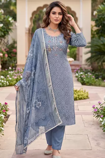 blue color shimmer cotton linen fabric designer ethnic ceremonial suit for ethnic looks
