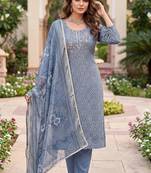 blue color shimmer cotton linen fabric designer ethnic ceremonial suit for ethnic looks