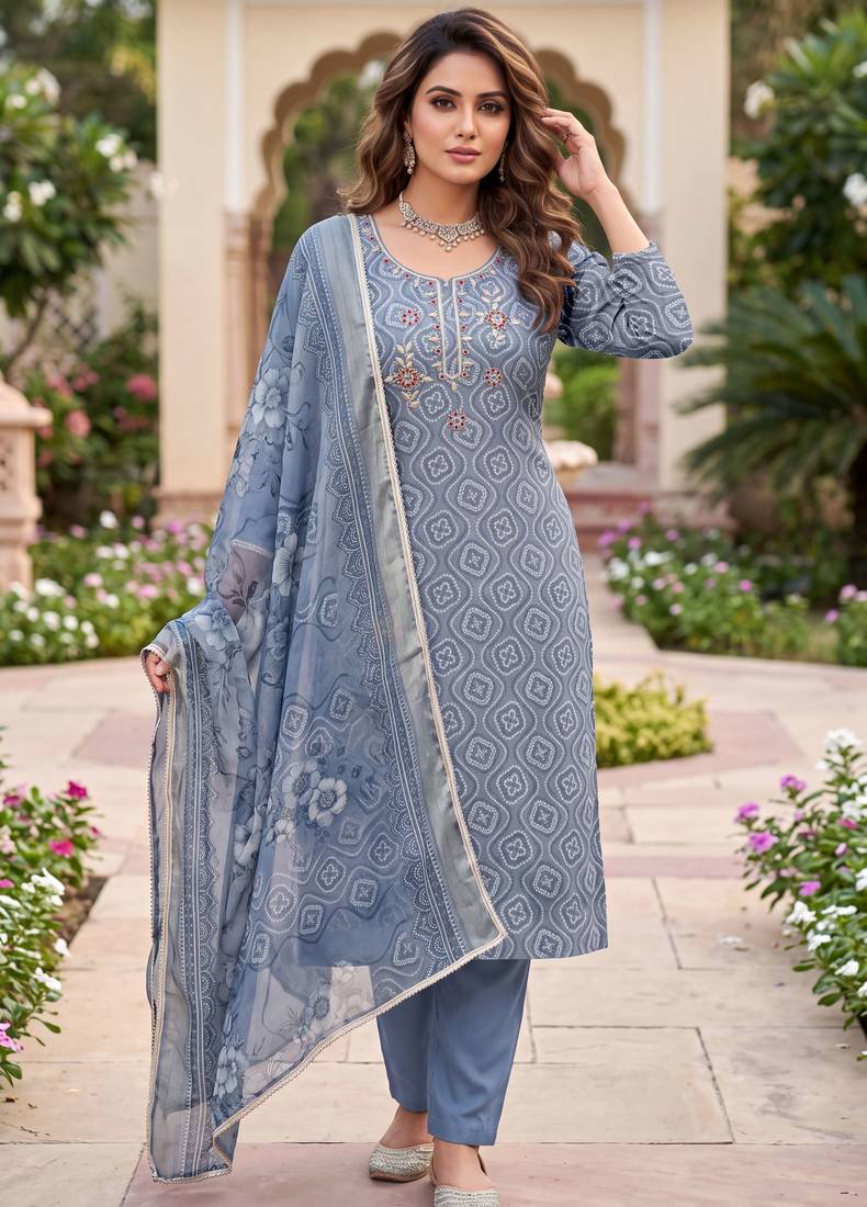 blue color shimmer cotton linen fabric designer ethnic ceremonial suit for ethnic looks