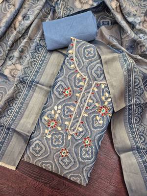 blue color shimmer cotton linen fabric designer ethnic ceremonial suit for ethnic looks 2