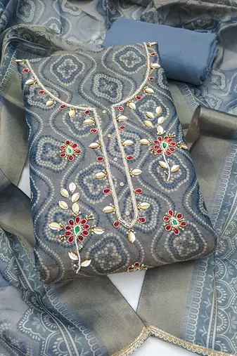 blue color shimmer cotton linen fabric designer ethnic ceremonial suit for ethnic looks