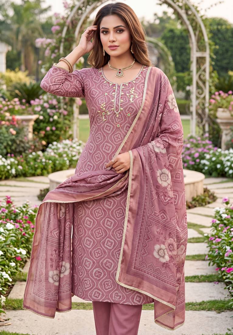 pink color shimmer cotton linen fabric designer ethnic ceremonial suit for ethnic looks