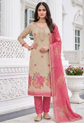 beige color shimmer cotton linen fabric designer ethnic ceremonial suit for ethnic looks 1