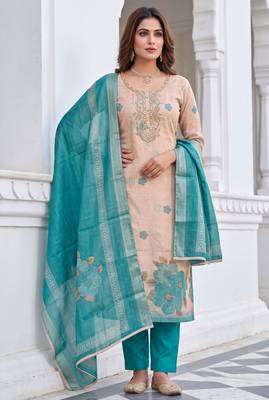 beige color shimmer cotton linen fabric designer ethnic ceremonial suit for ethnic looks 1