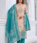beige color shimmer cotton linen fabric designer ethnic ceremonial suit for ethnic looks