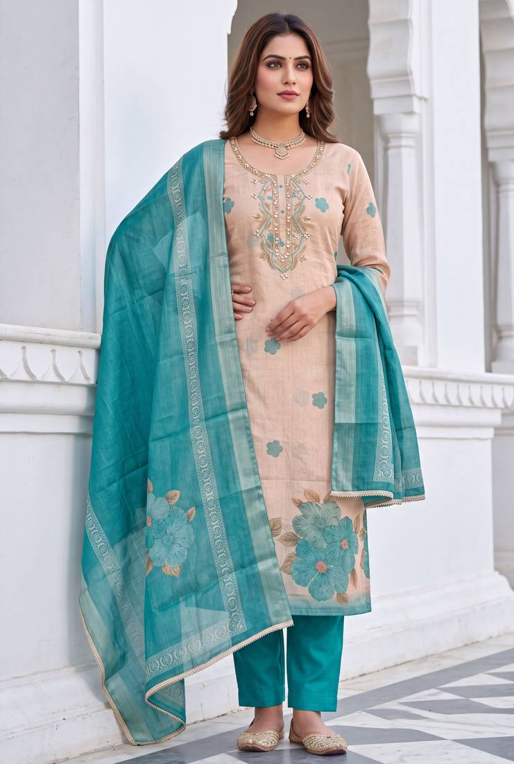 beige color shimmer cotton linen fabric designer ethnic ceremonial suit for ethnic looks