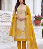 beige color shimmer cotton linen fabric designer ethnic ceremonial suit for ethnic looks