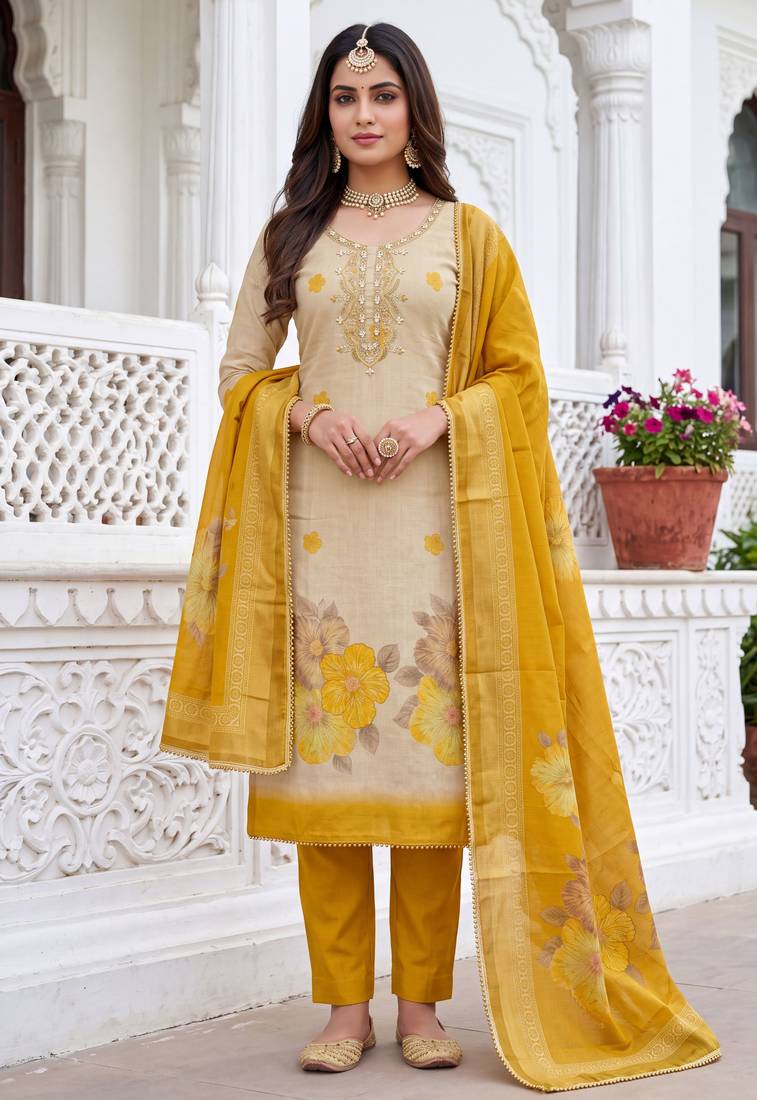 beige color shimmer cotton linen fabric designer ethnic ceremonial suit for ethnic looks