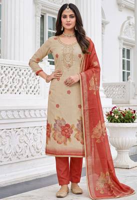 beige color shimmer cotton linen fabric designer ethnic ceremonial suit for ethnic looks 1