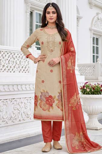 beige color shimmer cotton linen fabric designer ethnic ceremonial suit for ethnic looks