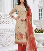 beige color shimmer cotton linen fabric designer ethnic ceremonial suit for ethnic looks
