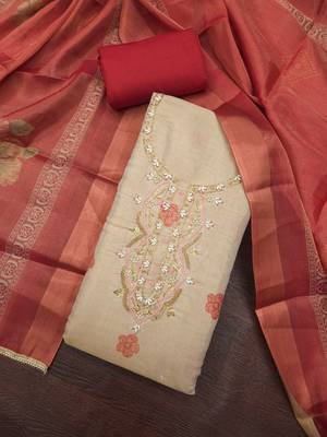 beige color shimmer cotton linen fabric designer ethnic ceremonial suit for ethnic looks 2
