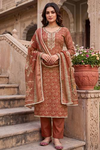 brown color shimmer cotton linen fabric designer ethnic ceremonial suit for ethnic looks