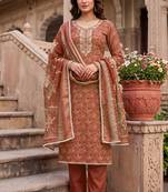 brown color shimmer cotton linen fabric designer ethnic ceremonial suit for ethnic looks