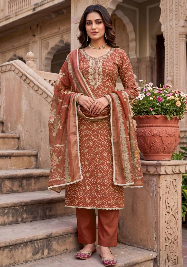 brown color shimmer cotton linen fabric designer ethnic ceremonial suit for ethnic looks